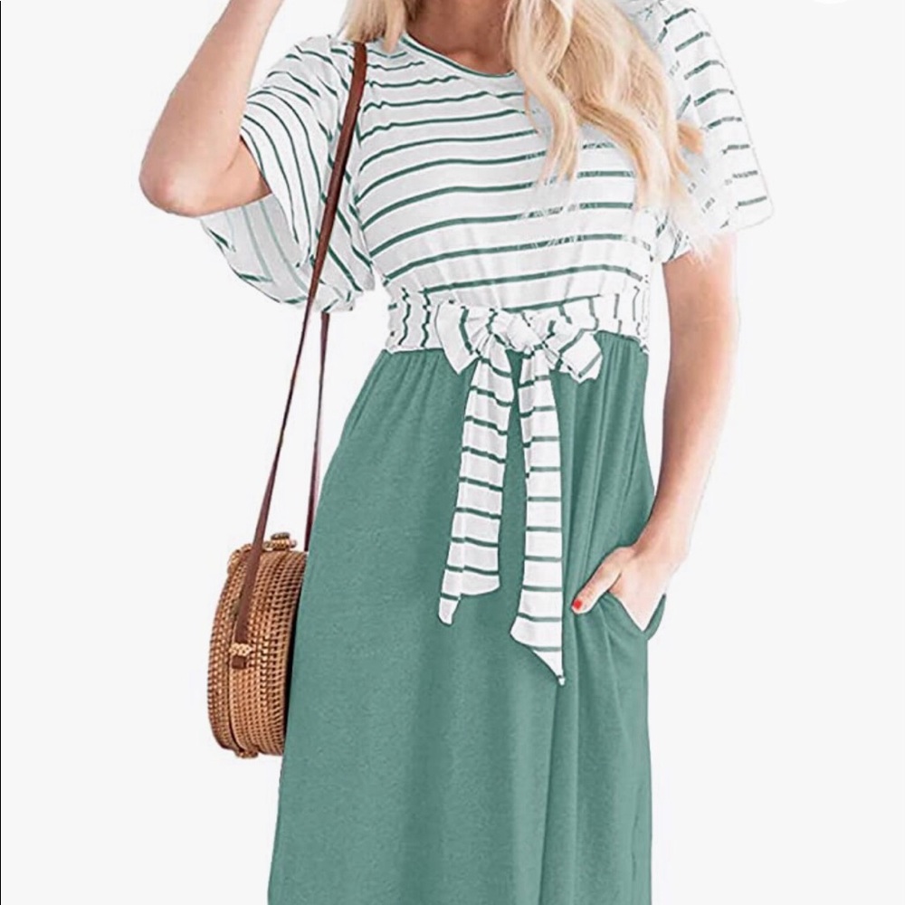 NWT Striped Ruffle Sleeves Tie Waist Pockets Casual Swing Midi Dress - Picture 2 of 5